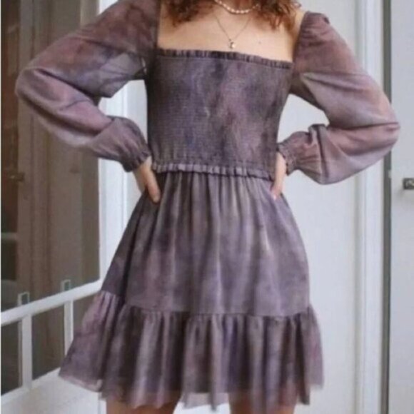 Wilfred Aritzia Tempest Mini Dress Smocked bodice Chiffon Puff Sleeve Purple - Picture 4 of 16